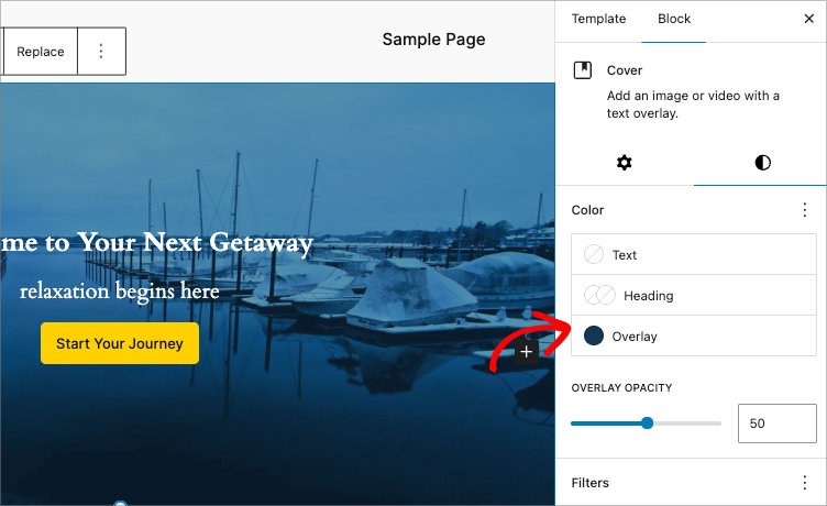 WordPress Cover block overlay opacity settings panel showing slider control for background dimming