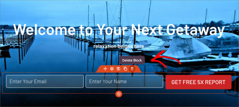 Deleting optin form block in SeedProd by clicking trash icon in block toolbar