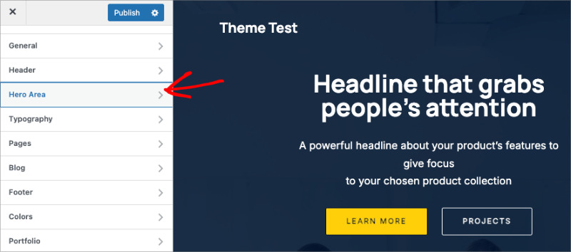 WordPress theme customizer sidebar showing hero area settings panel
