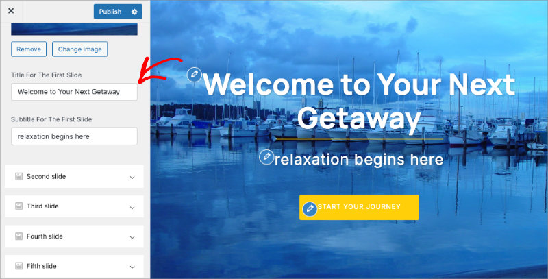 WordPress hero section settings showing headline text field and button configuration options
