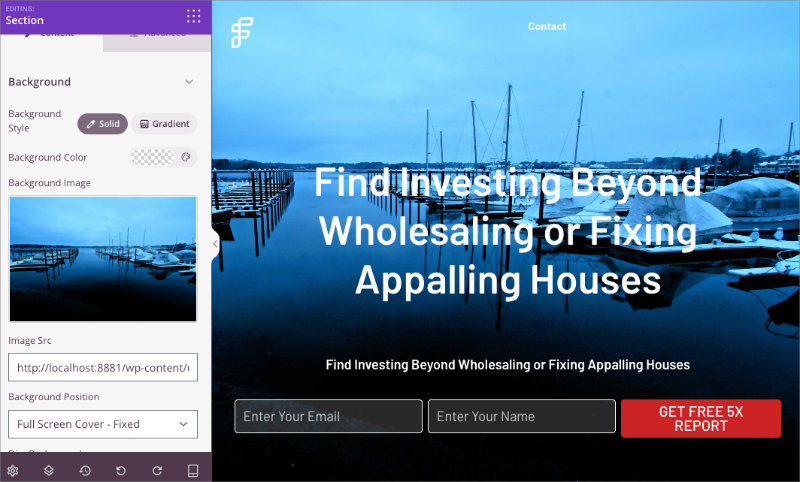 SeedProd hero section with custom background image displayed in live preview