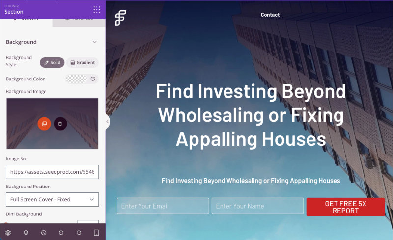 SeedProd visual editor with hero section selected showing editing handles