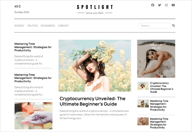 SeedProd homepage layout example for magazine WordPress themes with featured posts and category grids