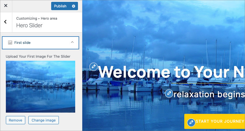 Hero image upload button in WordPress customizer with media library option
