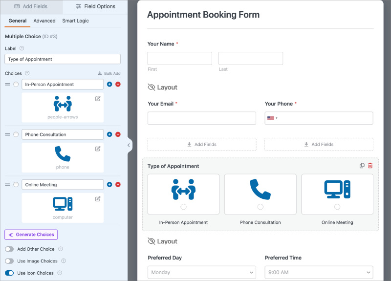 Editing Type of Appointment icon card options in WPForms form builder