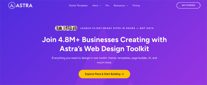 astra-theme - SeedProd Astra Theme website with purple and gold palette, pill CTAs, and scroll-triggered header