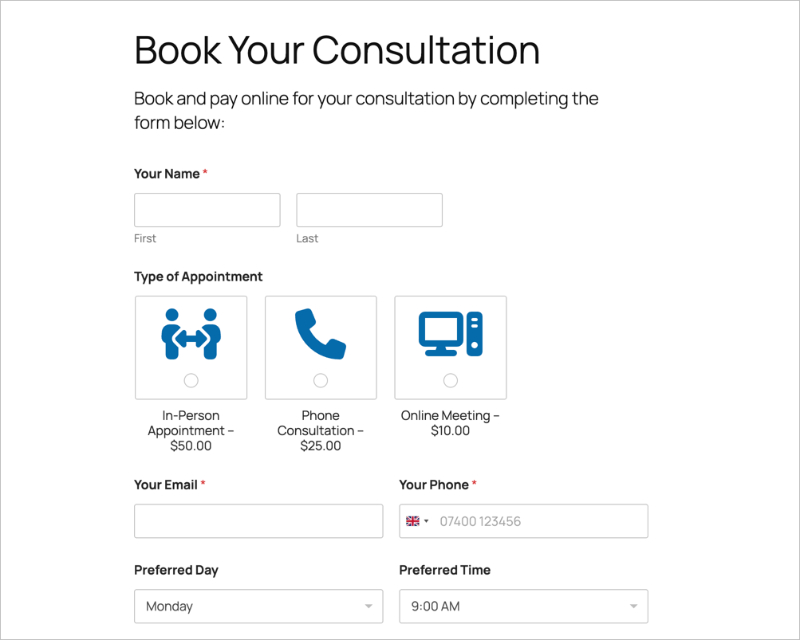 Live WordPress booking form displayed on a published page