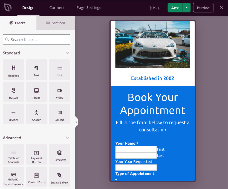 Mobile preview of a WordPress booking system page in SeedProd editor