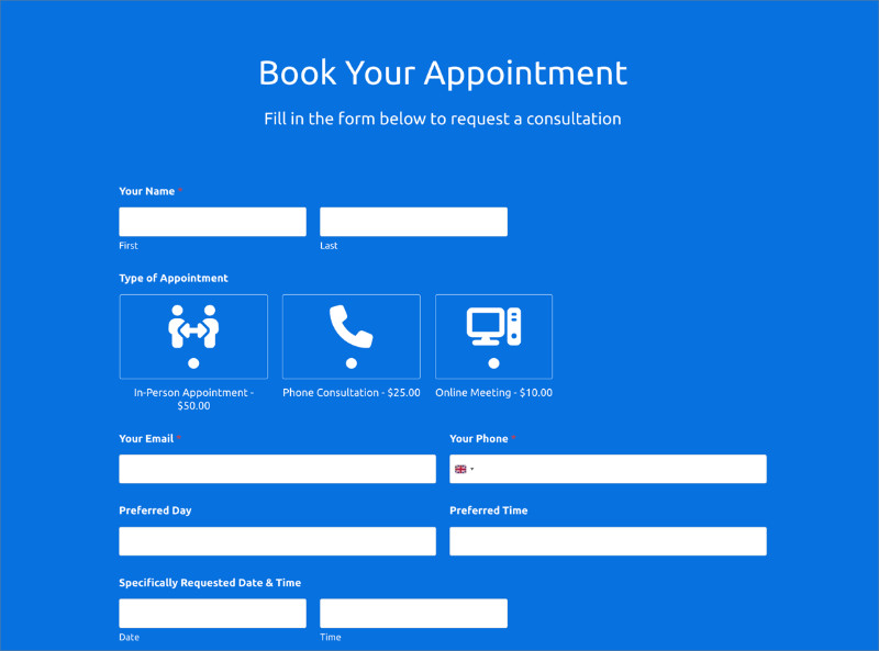 Completed WordPress booking page built with SeedProd showing the appointment form