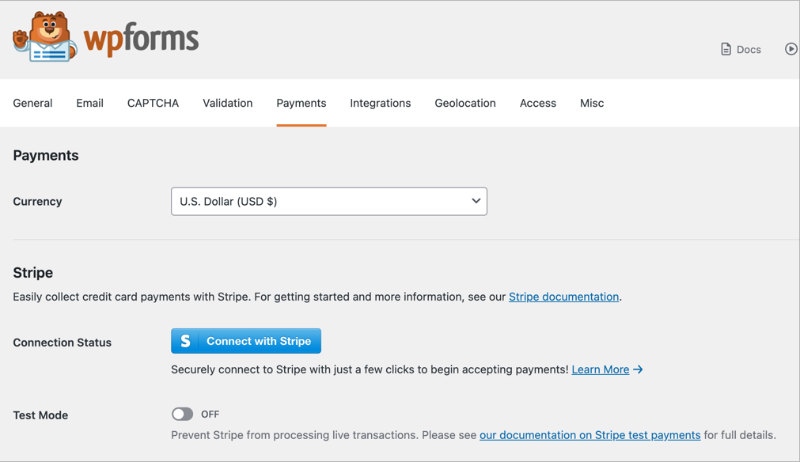 WPForms Stripe payment settings with the Connect with Stripe button
