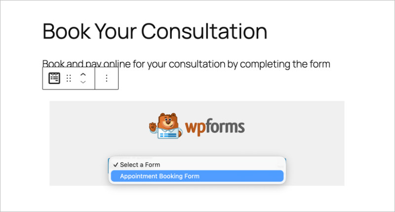 Adding a WPForms block to a page in the WordPress block editor