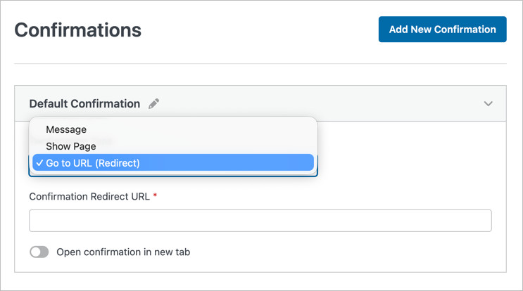 WPForms confirmation settings showing message, page, and redirect options