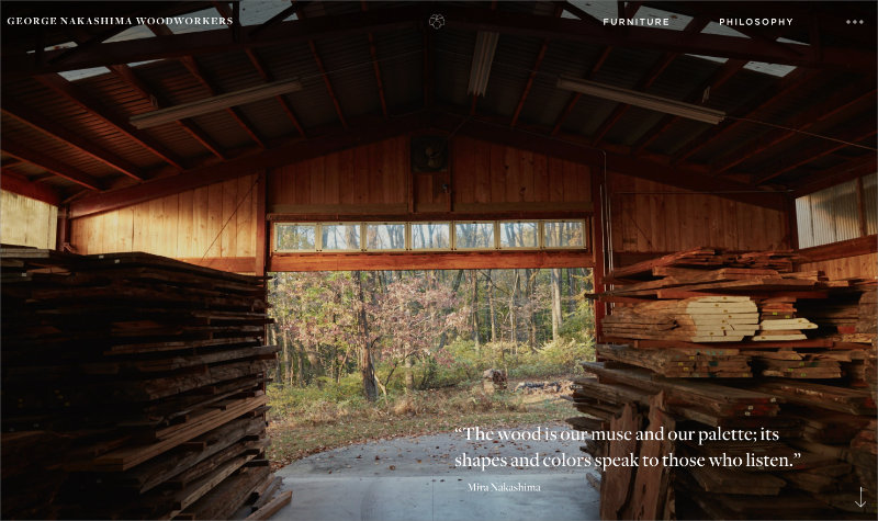 george-nakashuma-woodworkers - SeedProd George Nakashima Woodworkers website with full-screen furniture photography and minimal text