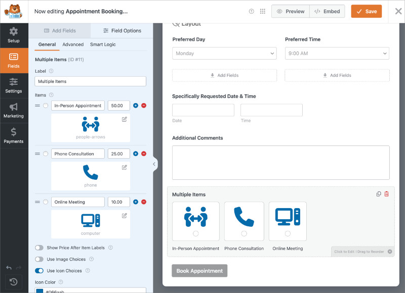 Multiple Items payment field with service names and prices in WPForms