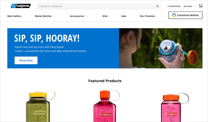 nalgene - SeedProd Nalgene ecommerce WordPress website example showing product catalog and brand story