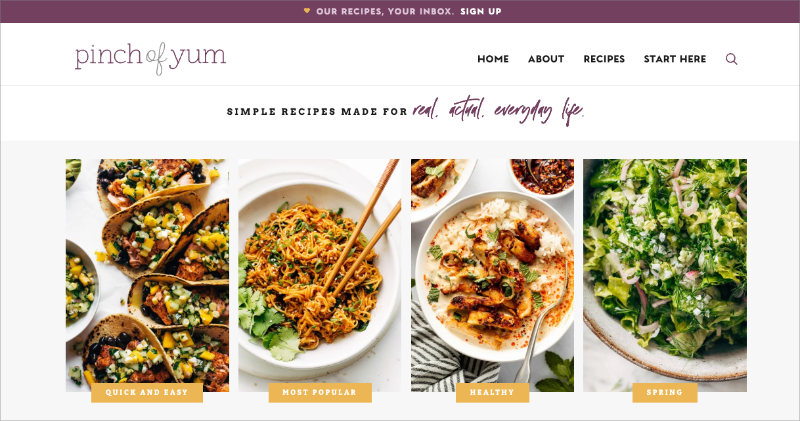 pinch-of-yum - SeedProd Pinch of Yum food blog homepage featuring recipe photography and minimal navigation