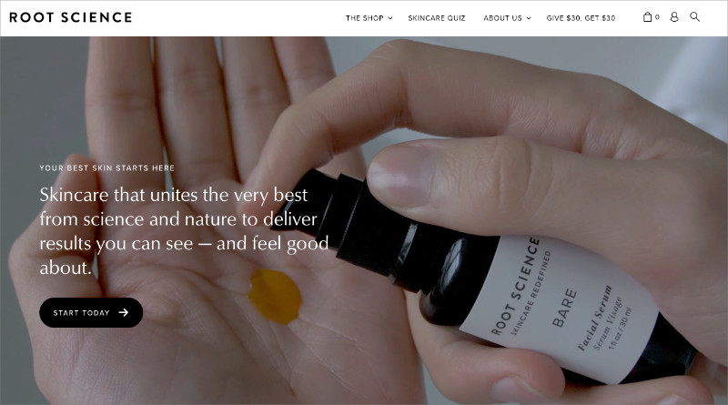root-science - SeedProd Root Science skincare site with minimal product-focused ecommerce design