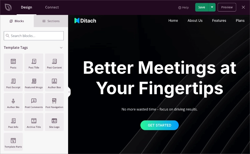 startup-homepage-seedprod - SeedProd SeedProd drag-and-drop editor showing a startup homepage design