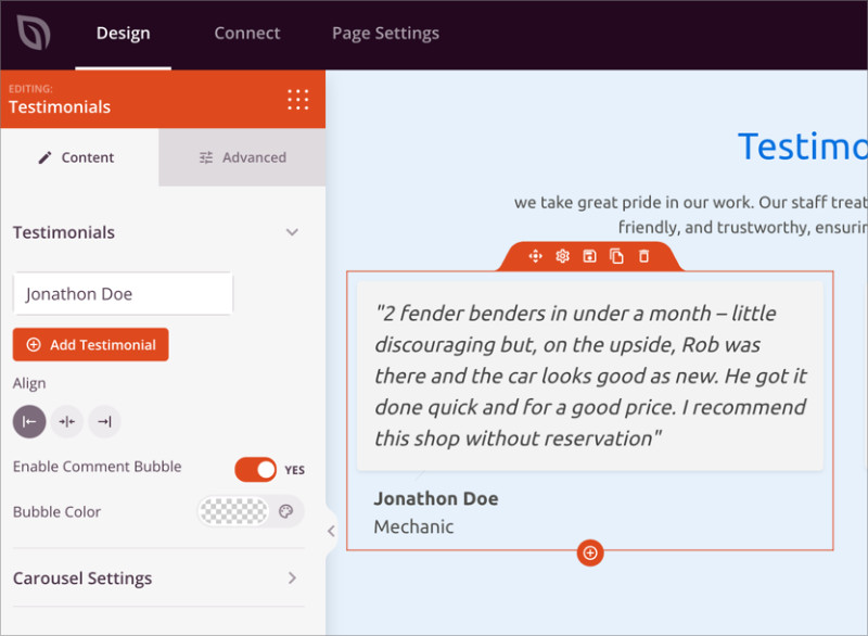 Testimonials block added to a booking page in SeedProd page builder
