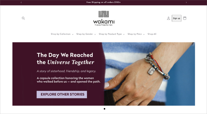 wakami-global - SeedProd Wakami Global homepage showing handmade jewelry and social enterprise brand story
