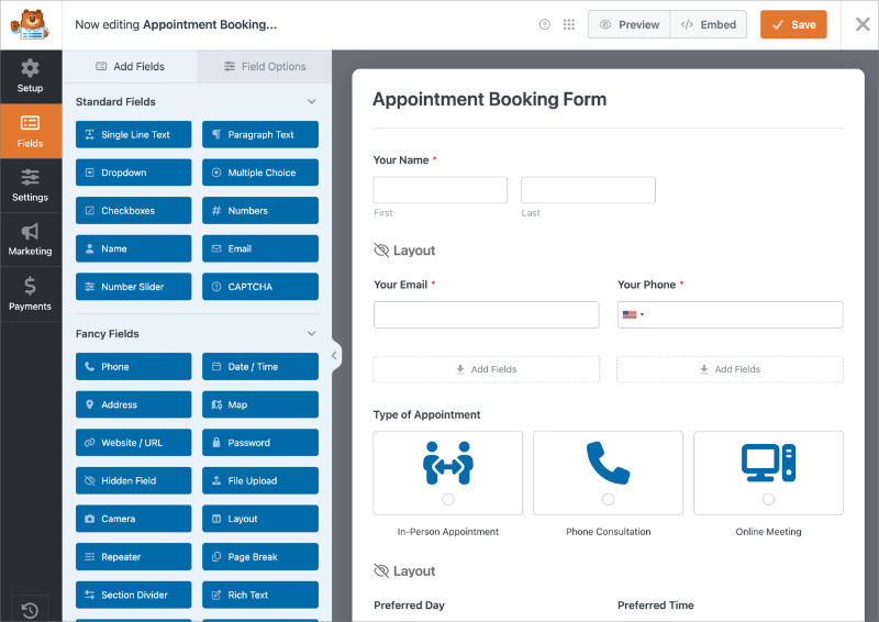 WPForms Appointment Booking Form template open in the form builder