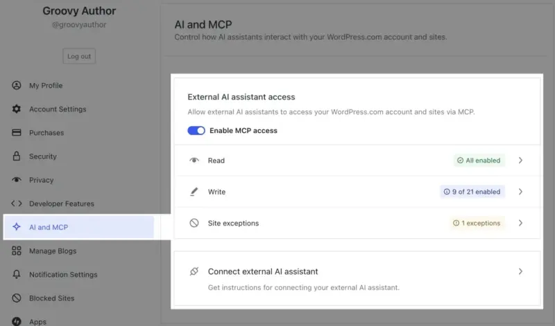 Enabling MCP access in WordPress.com