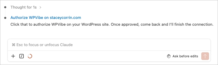 authorizing WPVibe on a WordPress website in claude code.
