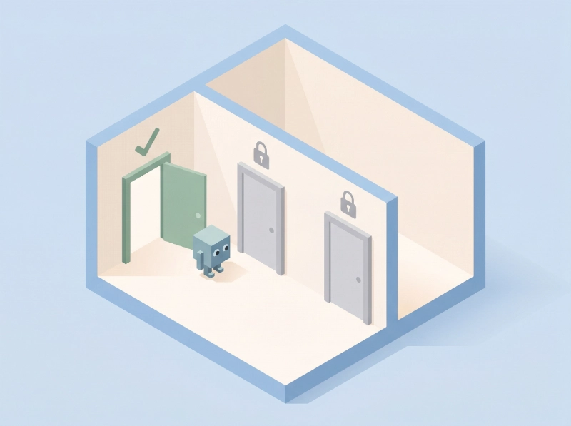 Isometric building cross-section showing an AI agent with access to one open room and two locked rooms, representing WordPress role-based permissions