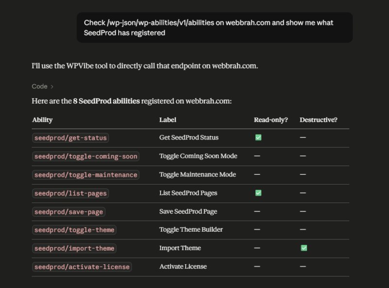 Die 8 SeedProd-Funktionen, die in Claude nach der Verbindung mit einer WordPress-Seite aufgeführt sind, darunter „get-status“, „toggle-coming-soon“, „toggle-maintenance“ und weitere