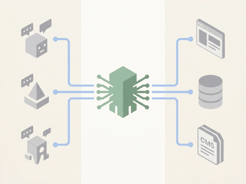Isometric illustration showing multiple AI clients on the left and multiple platforms on the right, all connected through a single central protocol node in the middle
