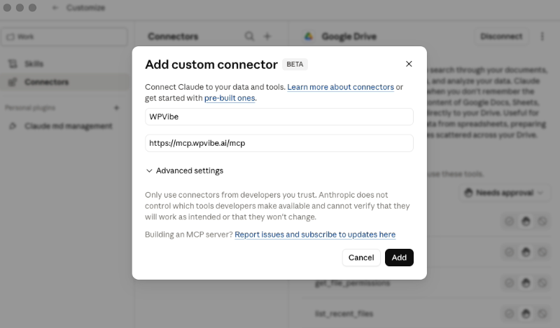 add-connector-claude-code - SeedProd Adding the custom WPVibe connector in Claude Code