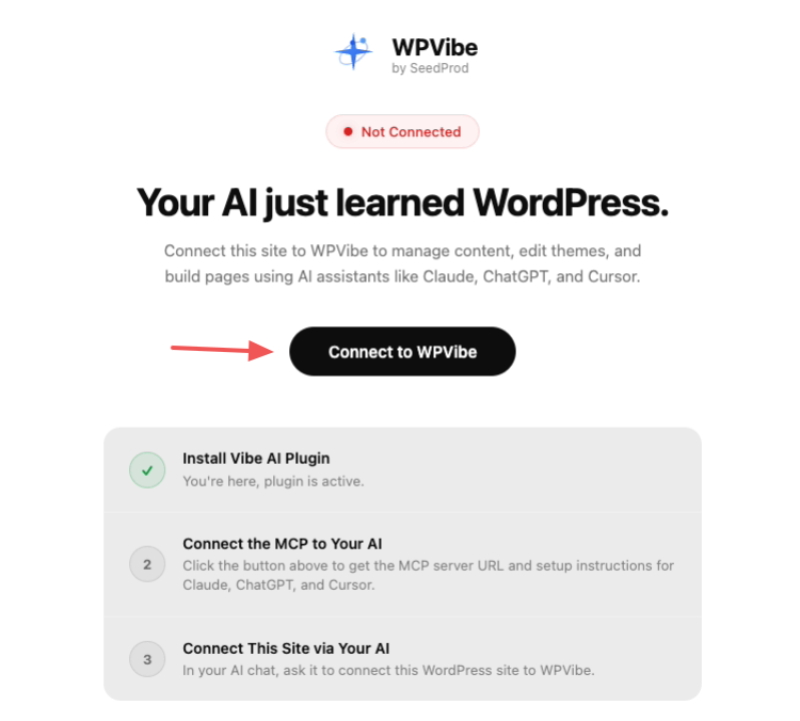 connect-to-wpvibe - SeedProd Connecting to WPVibe in the WordPress dashboard