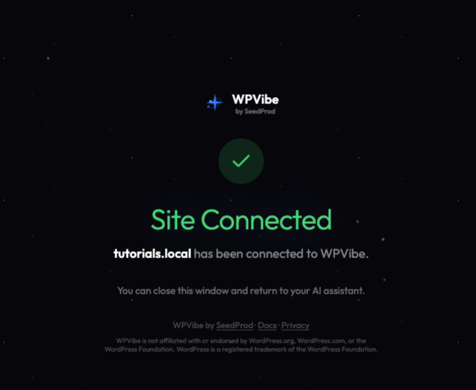 site-connected-wpvibe - SeedProd Website connected to WPVibe success message