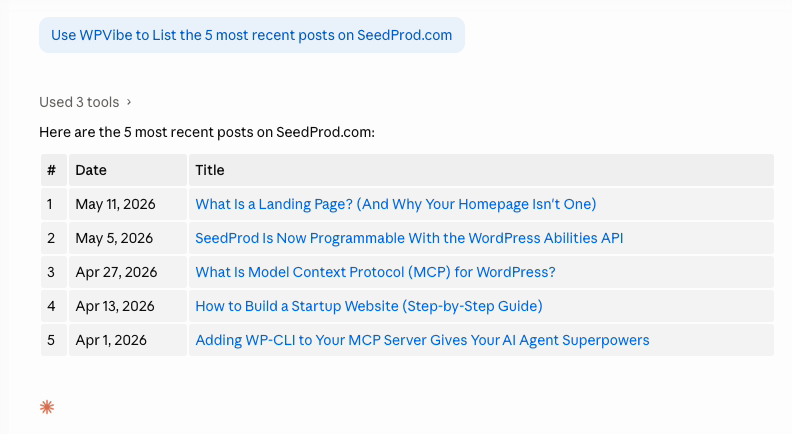 testing-wpvibe - SeedProd Asking Claude code to list 5 most recent blog posts via WPVibe MCP