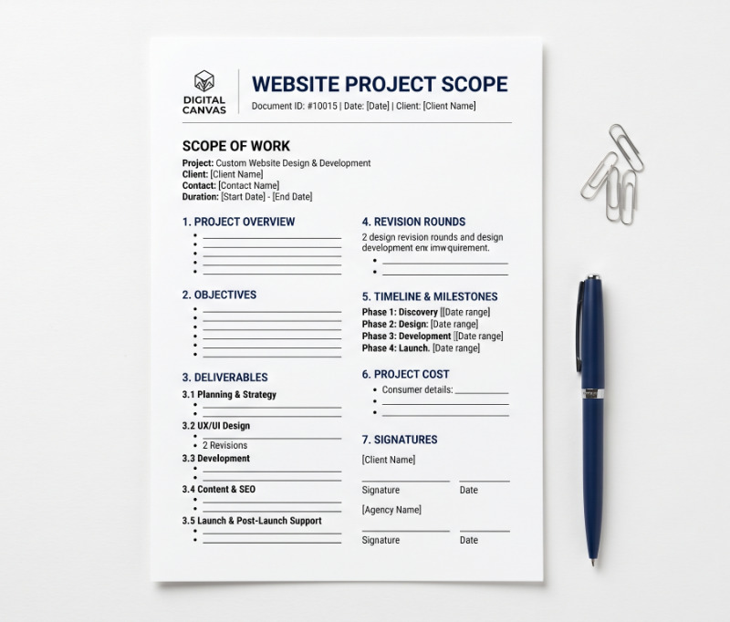 website-project-scope-document - SeedProd Website project scope document template with sections for deliverables, revision rounds, and timeline