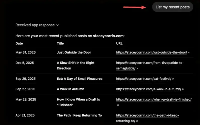 list-recent-posts-wpvibe-WordPress-chatgpt - SeedProd ChatGPT listing recent WordPress posts in the chat to confirm the connection works