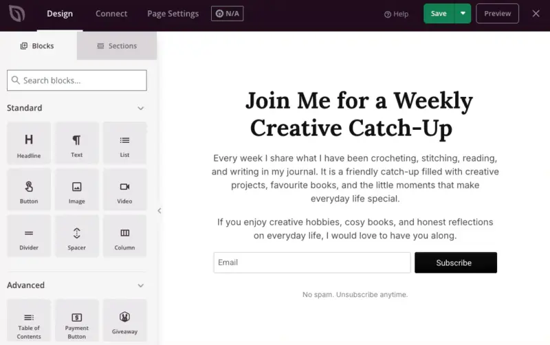 newsletter-signup-page-seedprod-wpvibe-chatgpt - SeedProd Newsletter signup page built in SeedProd through ChatGPT and saved as a draft