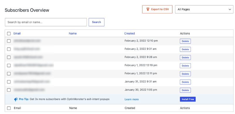 seedprod-subscribers-dashboard - SeedProd SeedProd subscriber list in WordPress dashboard showing subscriber name, email address, and signup date