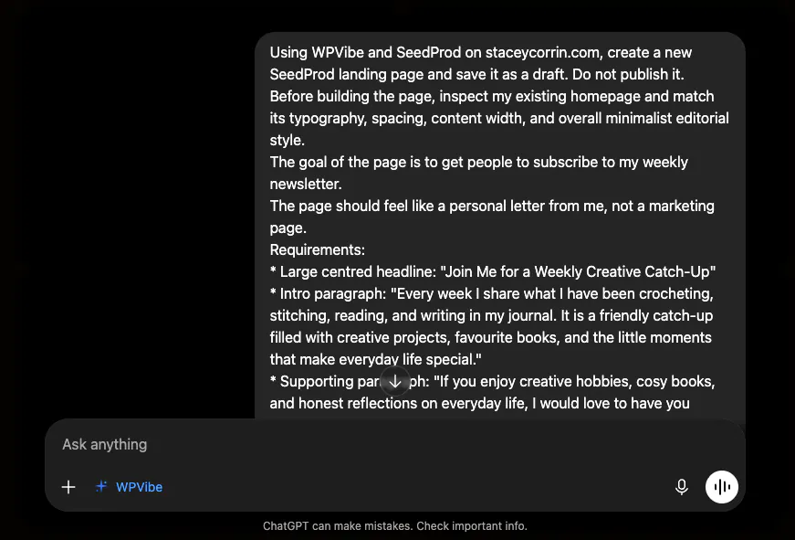 Erstellung einer WordPress-Landingpage mit ChatGPT unter Verwendung von WPVibe