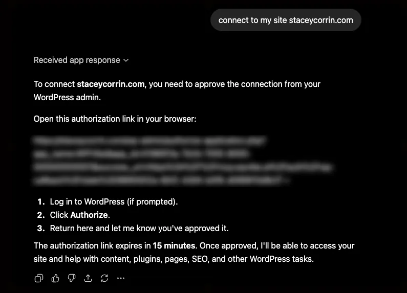 wpvibe-authorization-link-chatgpt - SeedProd ChatGPT returning the WPVibe connection request with a one-click authorize link