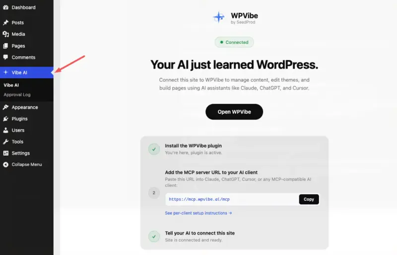 wpvibe-plugin-WordPress-final - SeedProd Vibe AI plugin by SeedProd in the WordPress dashboard installed and activated