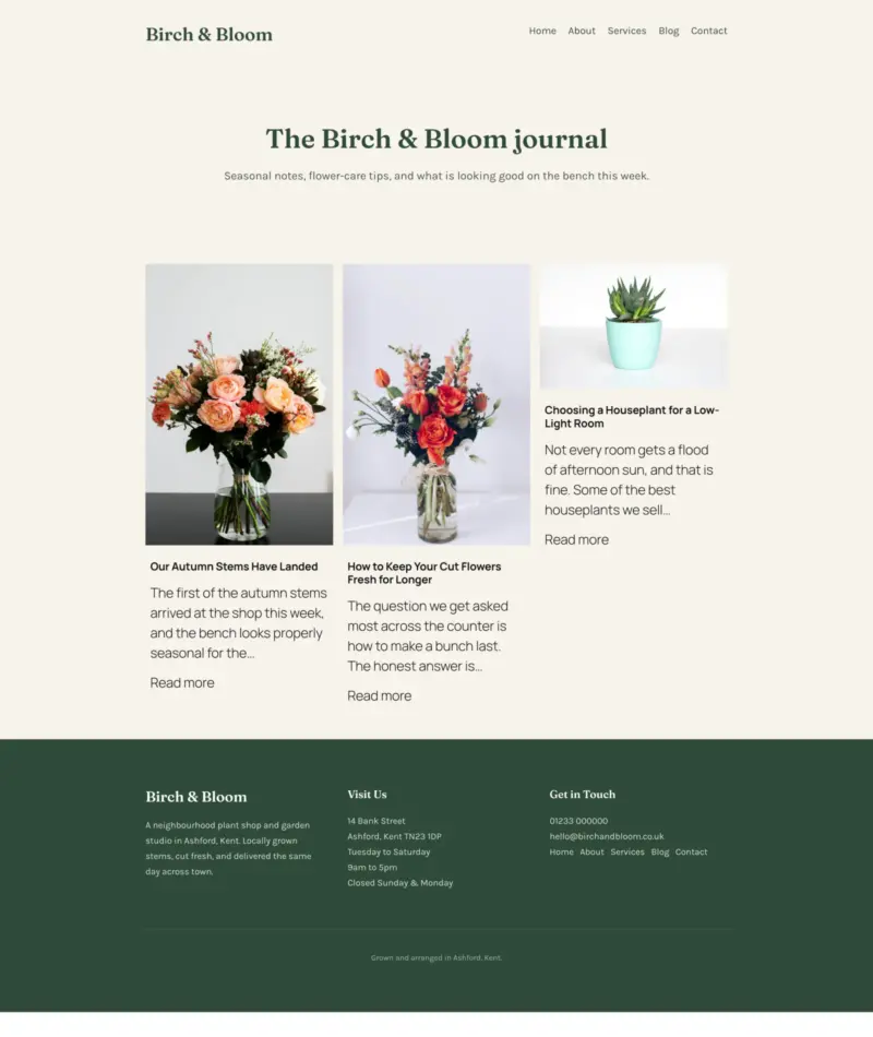 birch-and-bloom-blog - SeedProd Birch and Bloom blog page, "The Birch & Bloom journal," showing three posts with flower photos, titles, and excerpts.