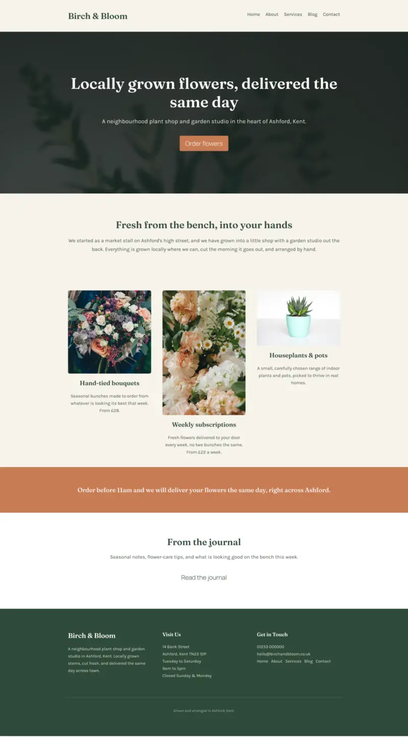 birch-and-bloom-homepage - SeedProd Birch and Bloom florist homepage with a dark hero photo, the headline "Locally grown flowers, delivered the same day," and cards for bouquets, subscriptions, and houseplants.