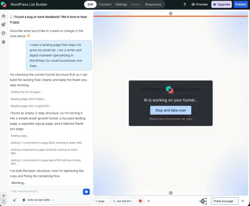 involveme-editor - SeedProd Editor de involve.me mostrando un embudo de captura de leads de varios pasos