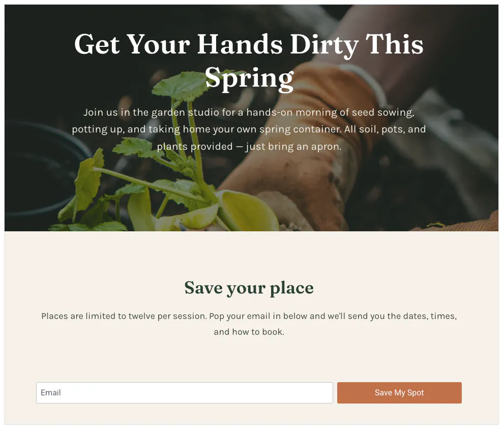 新しい見出しと「Save My Spot」ボタンが表示されたSeedProdランディングページ