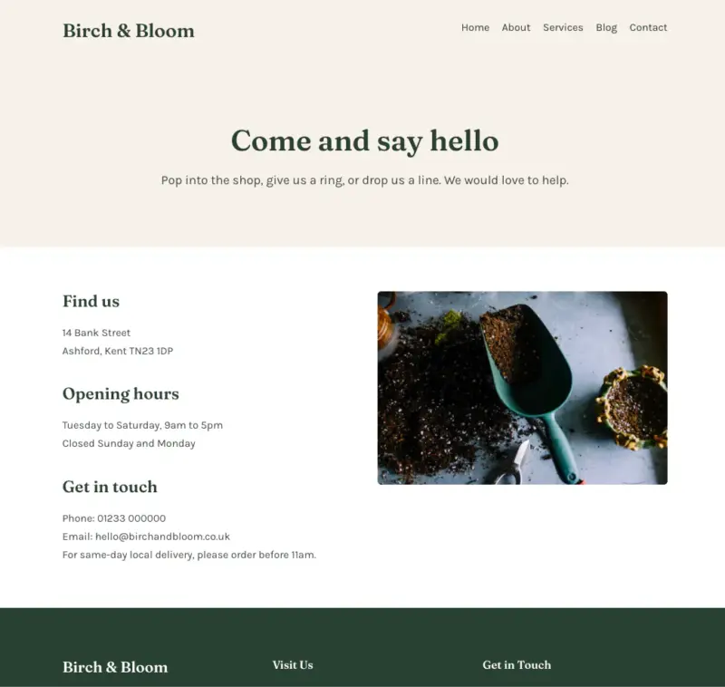 contact-page-birch-and-bloom - SeedProd Birch and Bloom contact page, showing address, opening hours, and contact details.