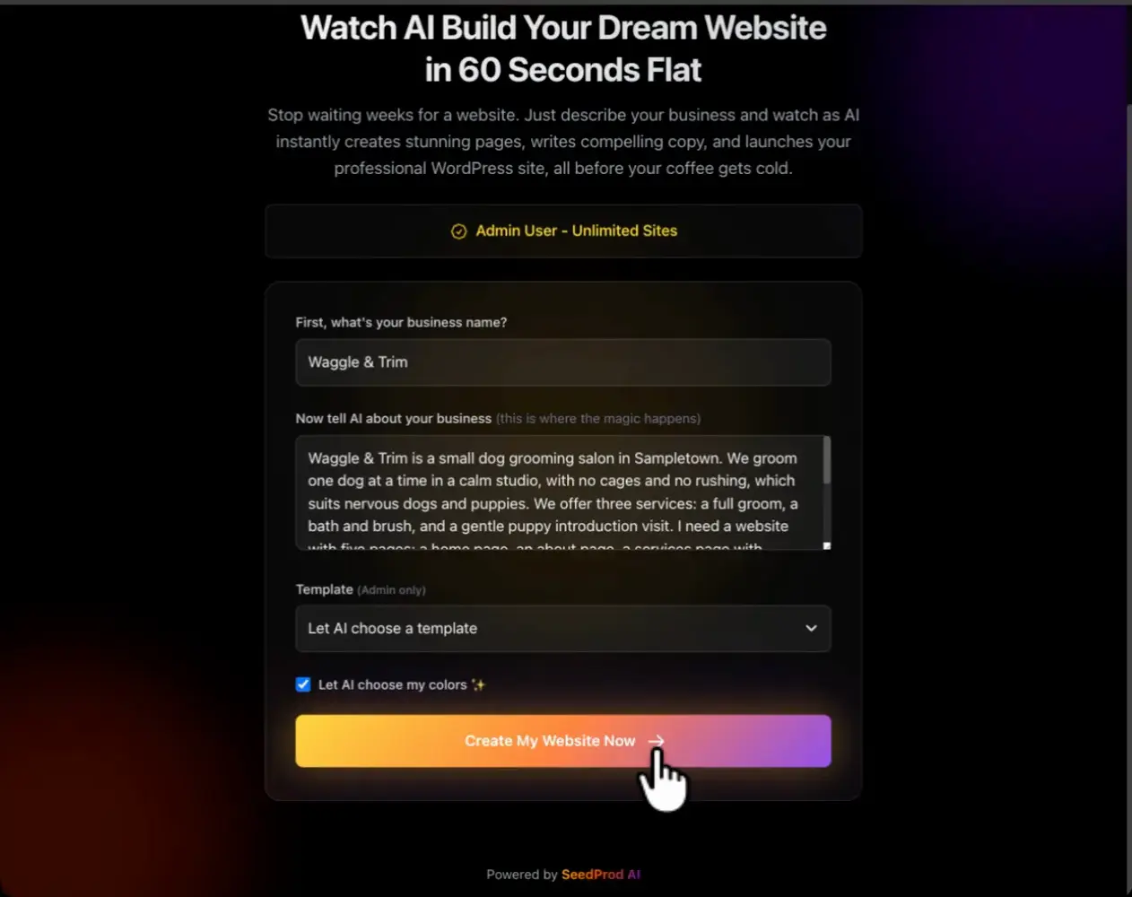 SeedProd AI builder business description - SeedProd SeedProd AI builder with the dog grooming business description entered