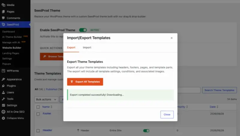 SeedProd export all templates complete - SeedProd SeedProd export confirming all fourteen templates downloaded