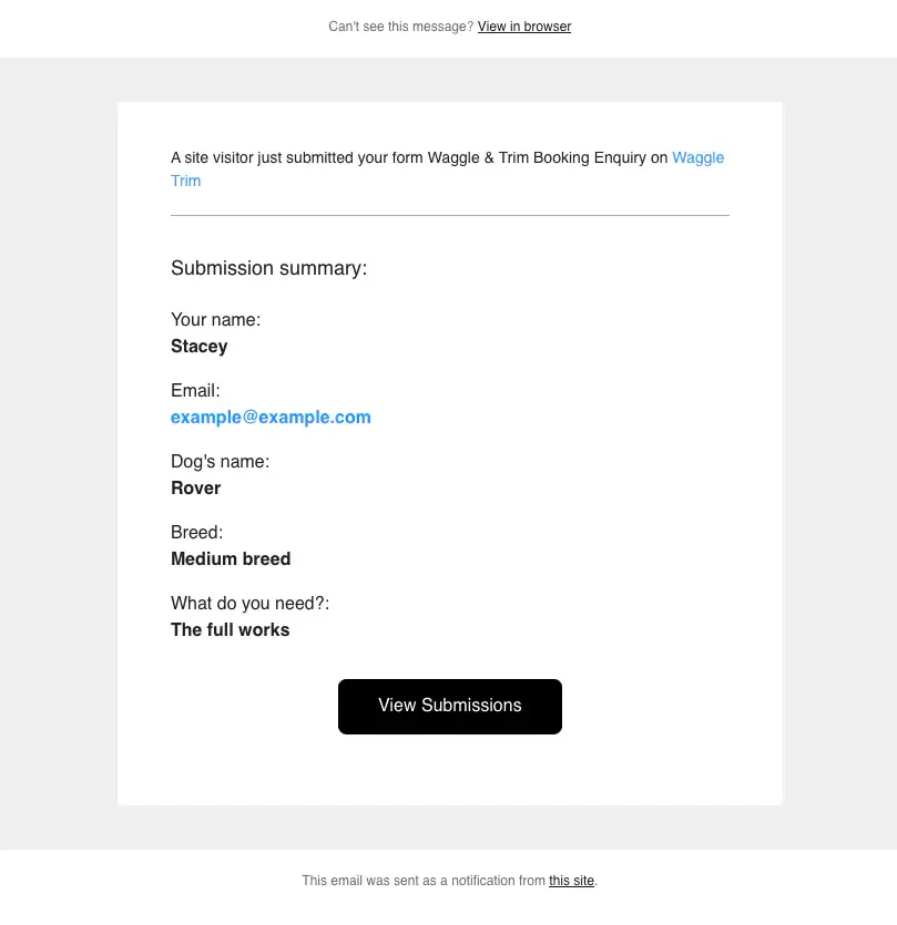 Wix contact form notification email - SeedProd Wix notification email containing every contact form answer