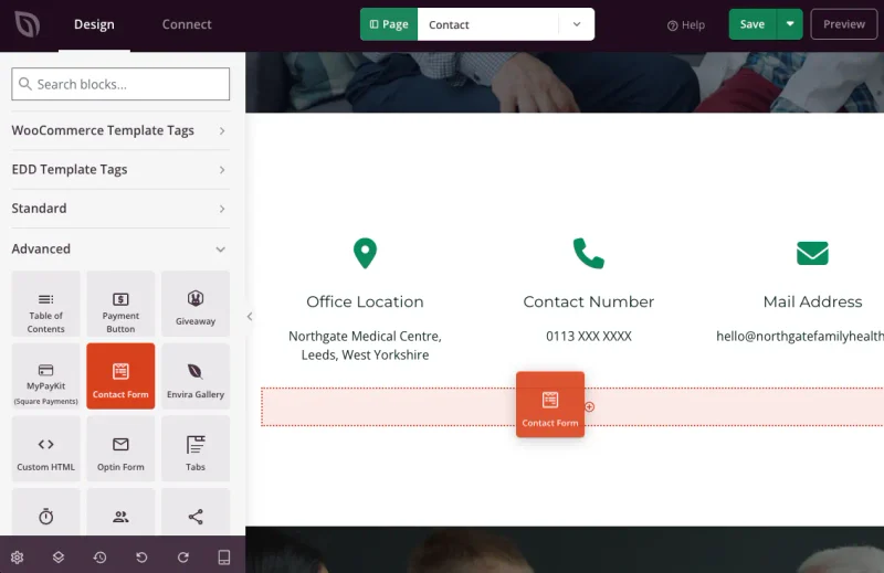 Dragging the SeedProd Contact Form block onto a practice contact page